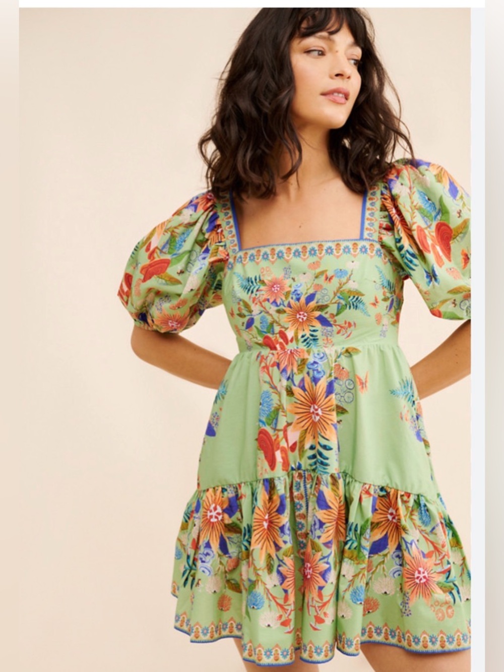 Farm Rio Floral Puff-Sleeve Mini Dress in Light Green